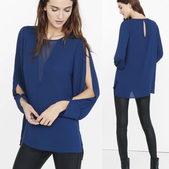 Express Deep V-Neck Mesh Inset Split Sleeve Blouse - Picture 1 of 2